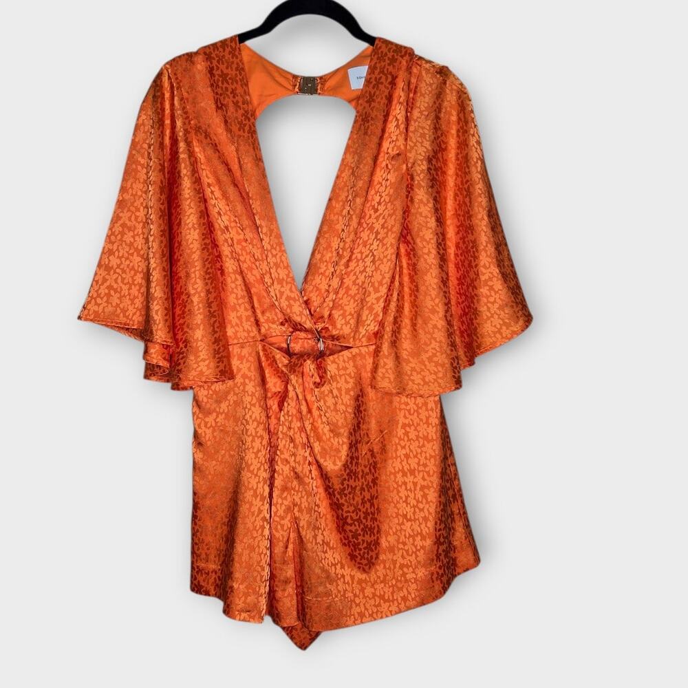 Significant Other Isabel Orange Satin Back Cutout Romper Deep V Neck Womens XS